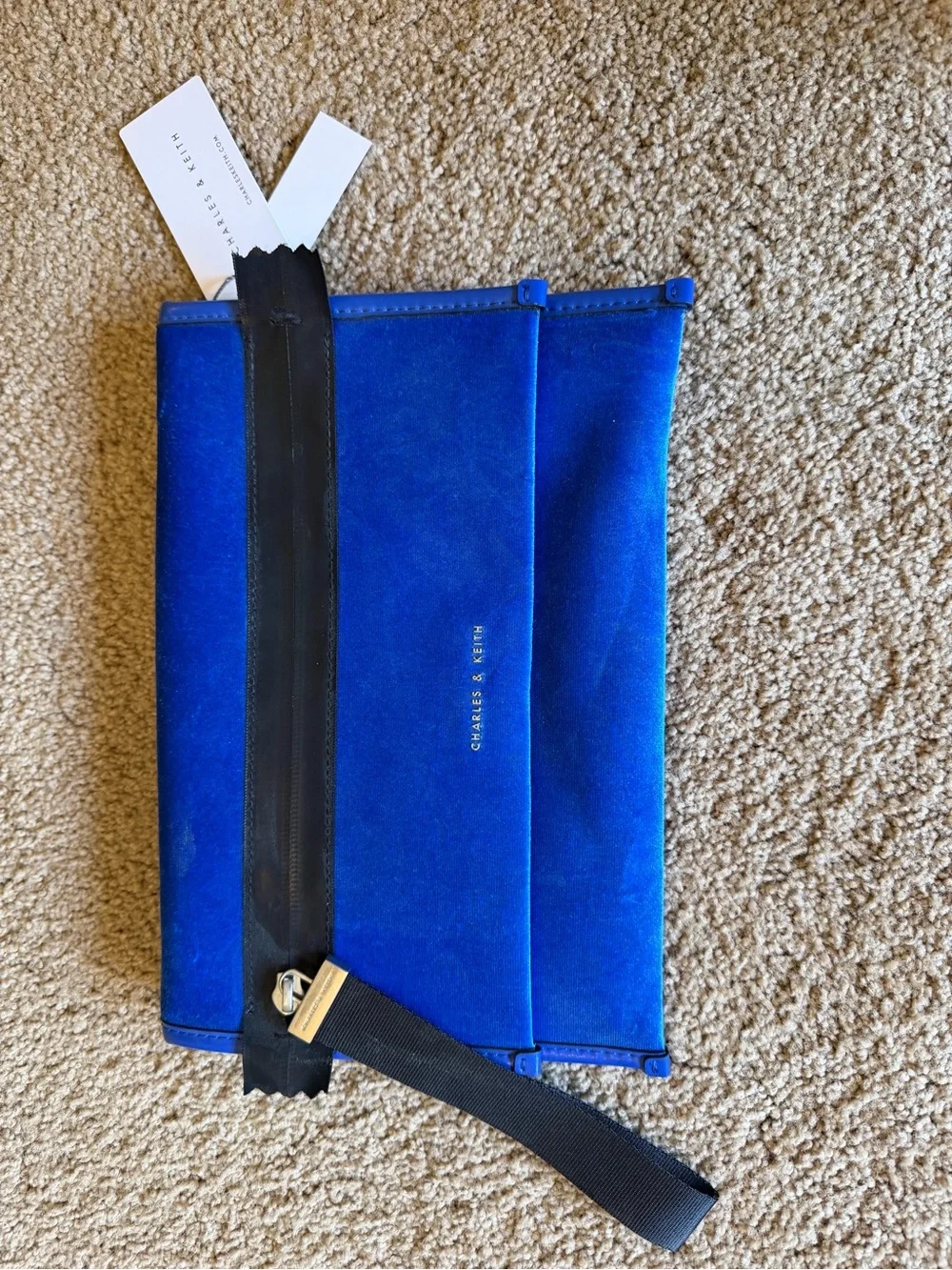 Charles & Keith Royal Blue Suede Fold-Over Clutch with Black Strap